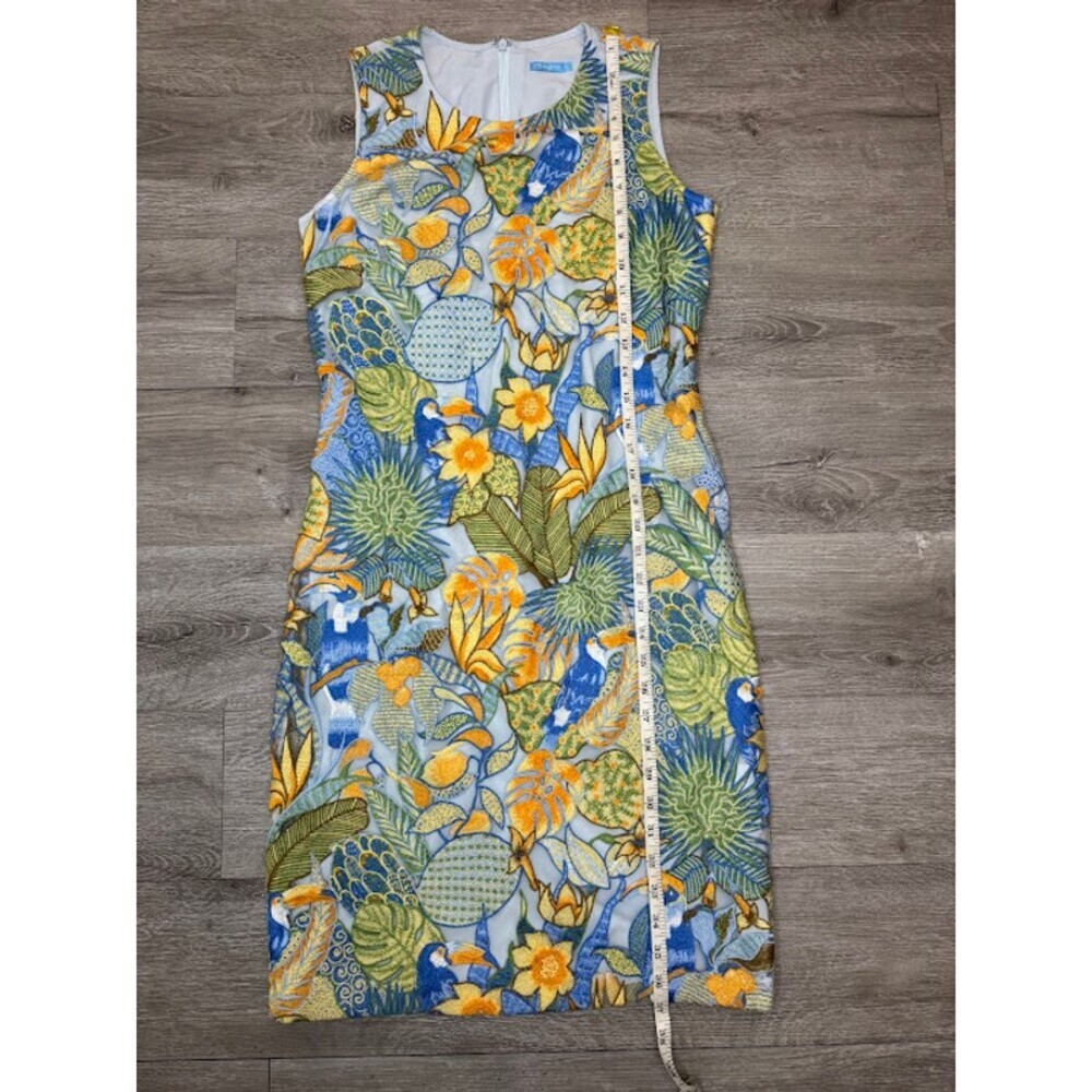 Tropical Parrot Embroidered Sheath Dress Blue Green Sleeveless Women's 0 - Picture 7 of 7